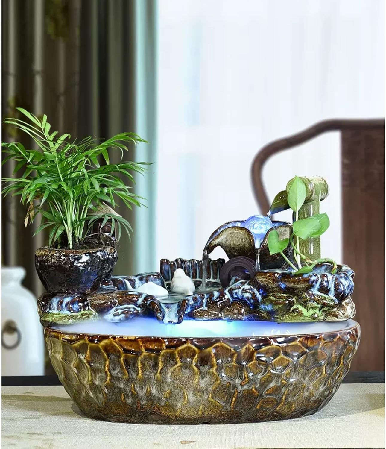 Tabletop Water Fountain Ceramics Tabletop Water Fountain Indoor Waterfalls Fountains Decorative Tabletop Fountain for Bedroom, Office, Living Room, Kitchen Dining Room and Bathroom Décor Indoor Founta