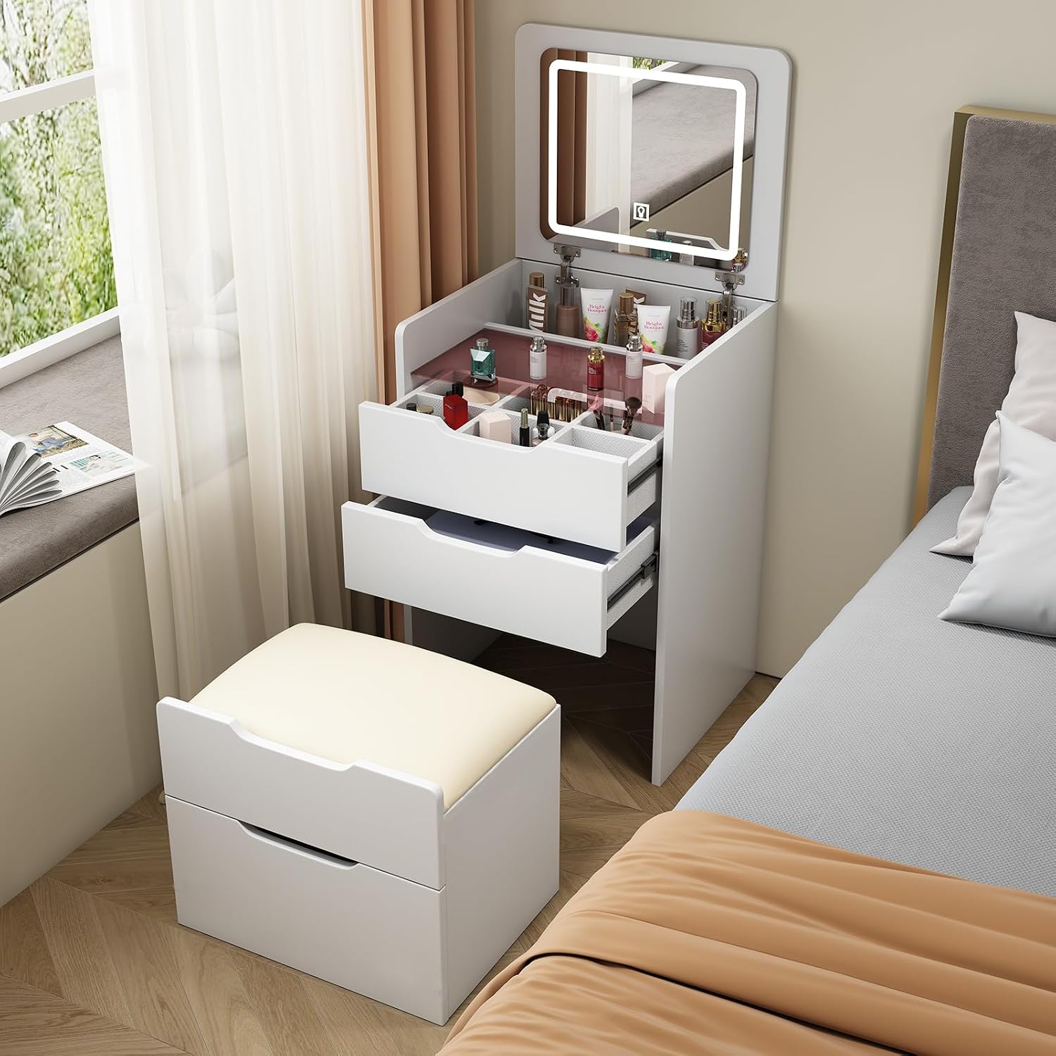 3 in 1 Vanity Desk with Plip Top Mirror and Lights, 18.9' Small Make Up Vanity Set with Visible Glass Desktop,Compact Makeup Vanity with 3 Drawers,Dressing Table for Bedroom,White