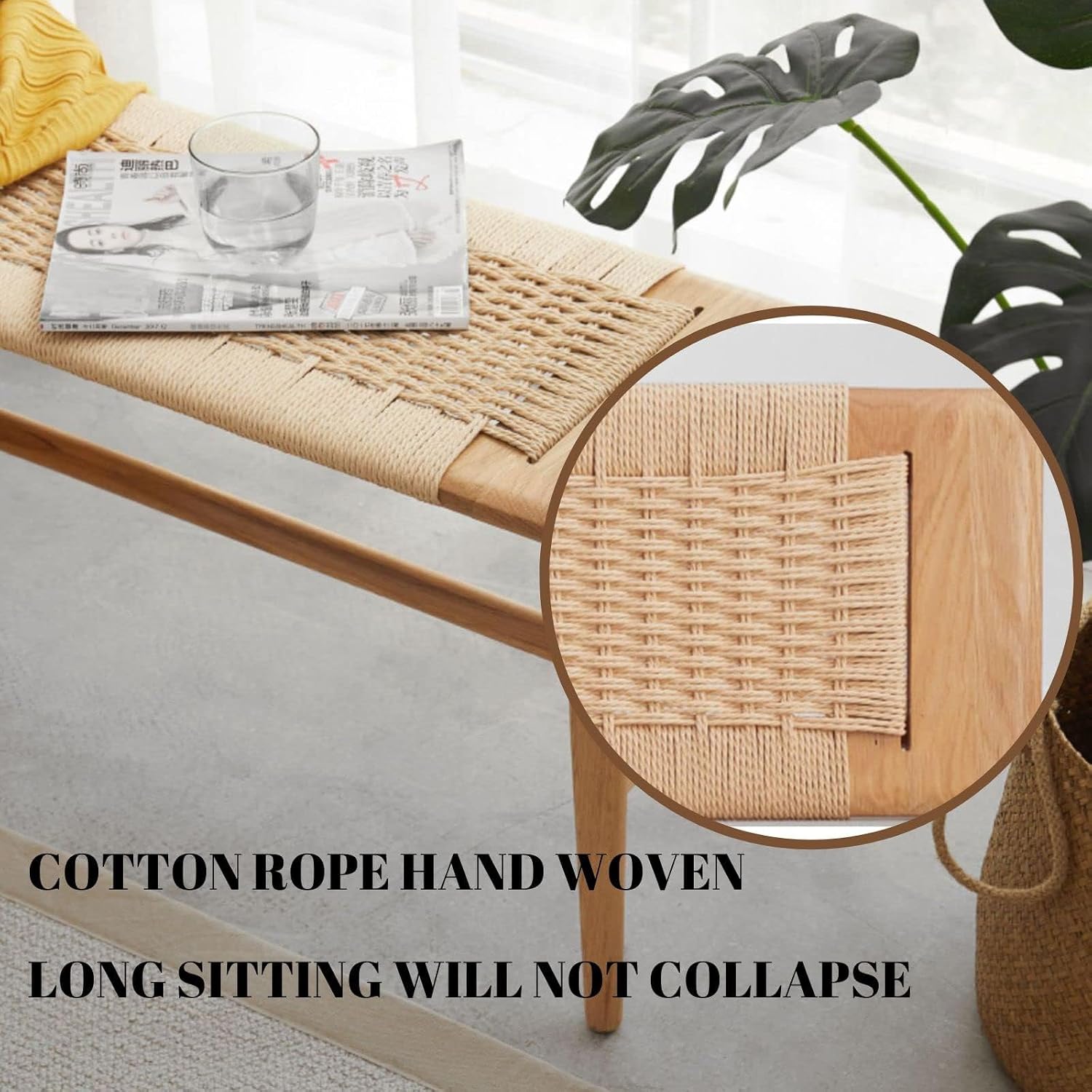 100% Solid Oak Wood Bench,Hand Woven Design,Solid Mortise and Tenon Construction-Solid Structure of Chair Legs,Woven Rattan Entryway Benchs/Dining Bench (Natural Oak,31.49'*11.81'*15.98')