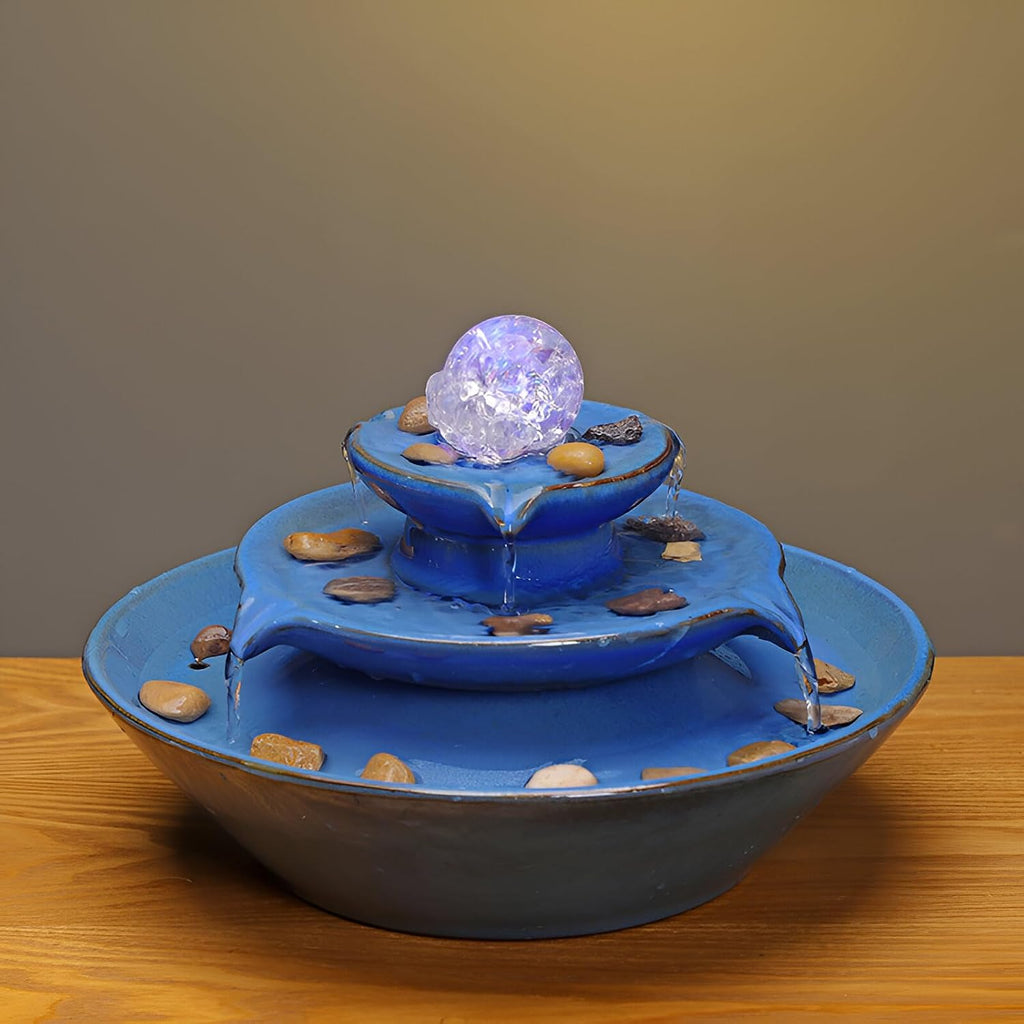 11.8' Indoor Tabletop Fountain, Ceramic Multi-Tier Waterfall with Crystal Ball & Fish Tank Feature, Free 10pcs Natural Crystals, Zen Home/Office/Entryway Decor, Housewarming Gift(Blue)