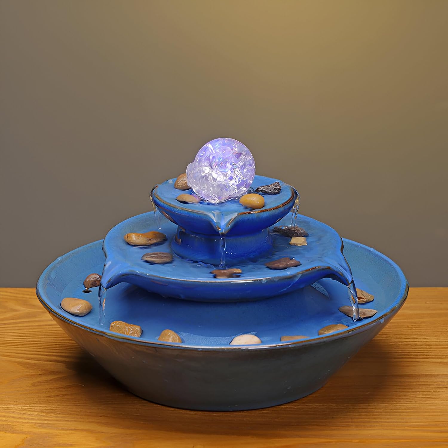 11.8' Indoor Tabletop Fountain, Ceramic Multi-Tier Waterfall with Crystal Ball & Fish Tank Feature, Free 10pcs Natural Crystals, Zen Home/Office/Entryway Decor, Housewarming Gift(Blue)