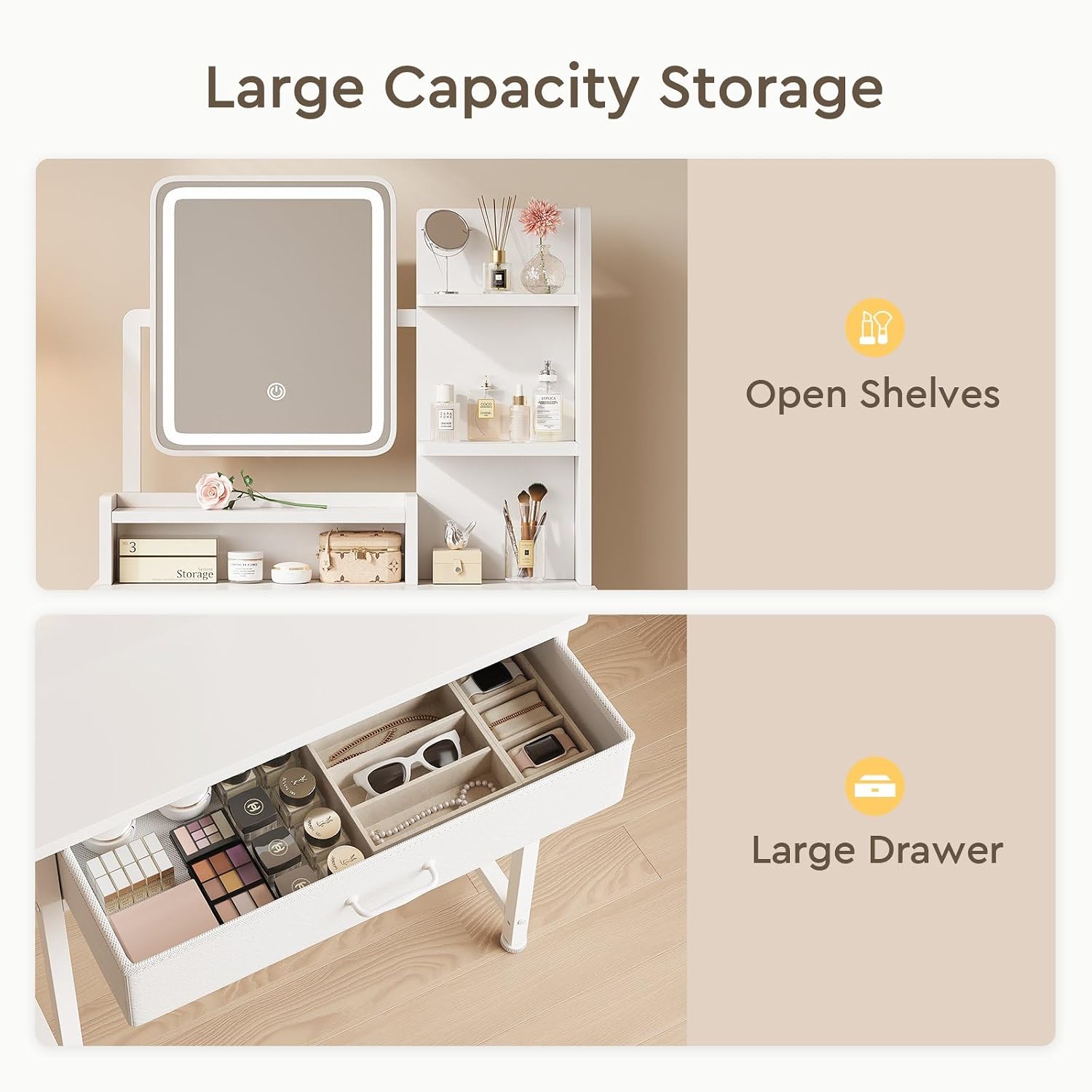 YeTom Makeup Vanity Desk with Mirror and Lights, Small Vanity with Fabric Storage Drawer & Chair & Shelves, White Compact Makeup Vanity Set for Bedroom