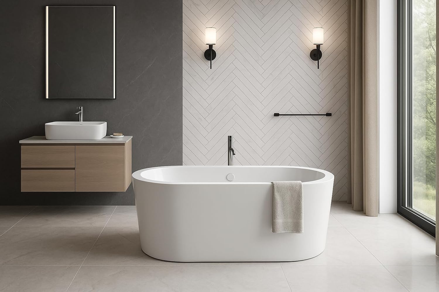 Carver Tubs - Vitality 59' - Modern Freestanding Soaking Bathtub With LED Lights - Classic Modern Oval Acrylic Fiberglass Bath Tub - Chrome Center Drain - Deep Soaking - 59' L x 31.5' W x 23' H