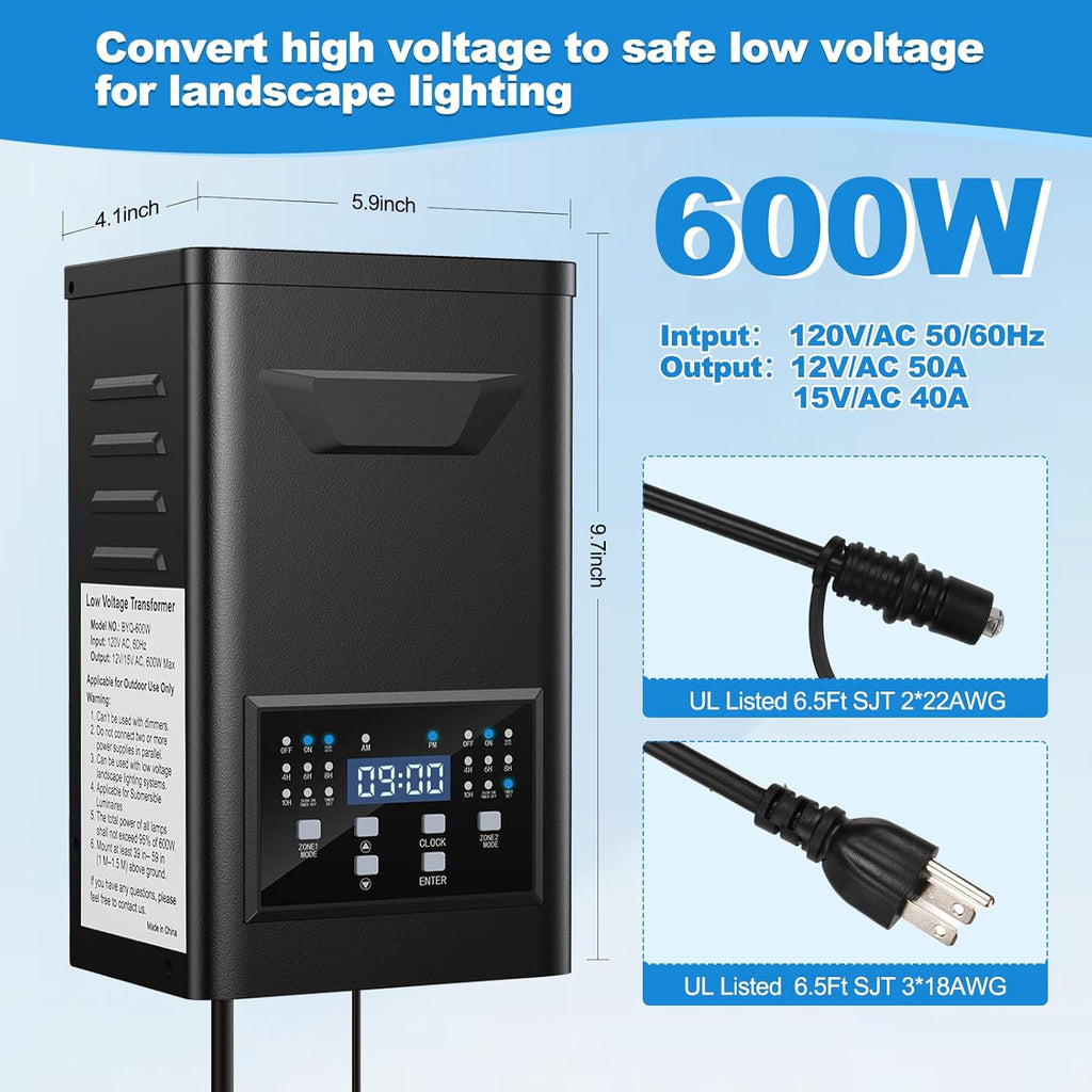 600W Low Voltage Landscape Transformer with 2 Zones, Timer & Photocell for Landscape Lighting, 120V to 12V/15VAC, Stainless Steel, Weatherproof for Outdoor Landscape Lights,Yard, Garden
