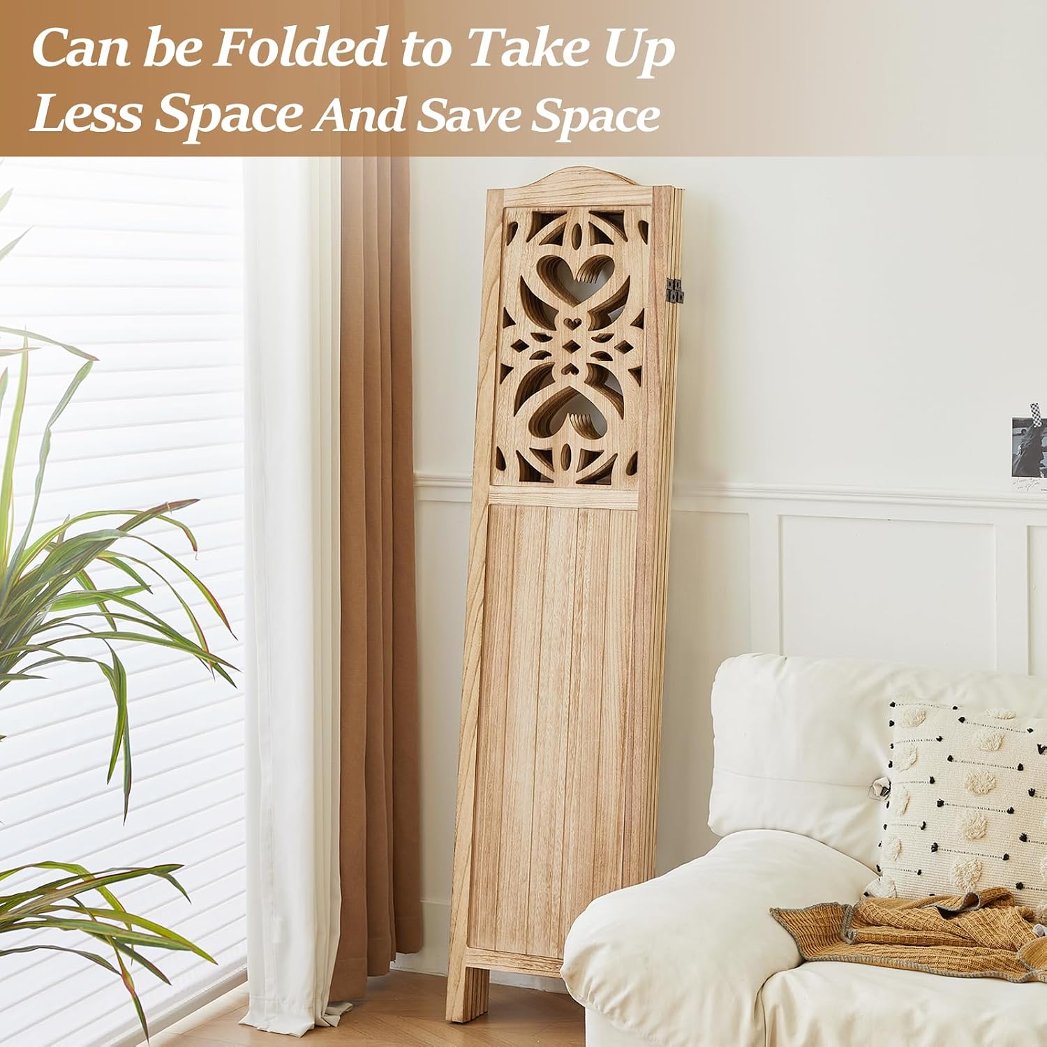 Wood Room Divider 4 Panel 5.6Ft Carved Room Divider and Folding Privacy Screen, Minimalism Portable Partition Screen Divider for Room Separation, Room Decoration for Home Office - Natural