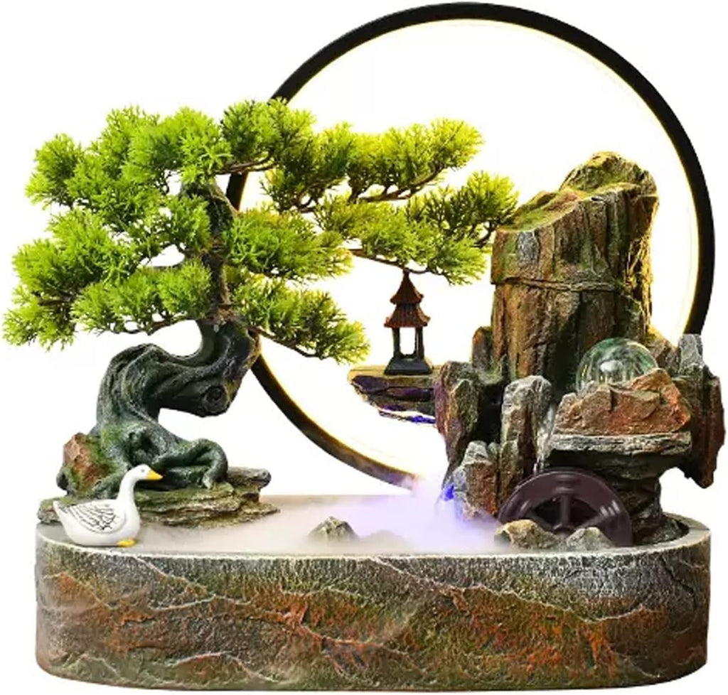 Desktop Fountain Tabletop Water Fountain Artificial Bonsai Tree Design Indoor Resin Waterfalls Fountains Decorative with LED Light Best Home Gifts for Parents or Friends