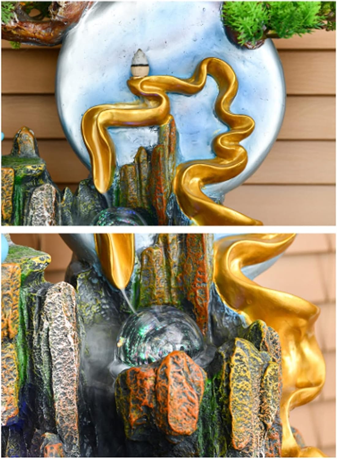 Desktop Fountain Tabletop Water Fountain, Indoor Waterfall with Mist Maker and Resin Artificial Trees, Small Buddha Statues, Moon Sculptures for Home Office Decor