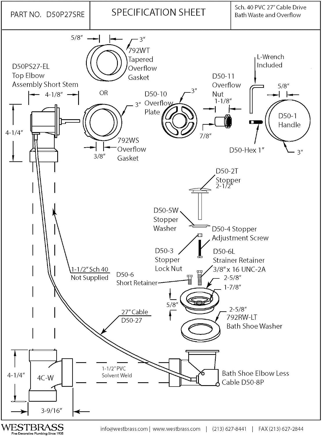 Westbrass D50P27SRE-50 27' Cable Drive Bathtub Drain Trim with Rotary Overflow Cover Knob, Pop-Up Stopper Sch. 40 PVC Fittings, Powder Coat White