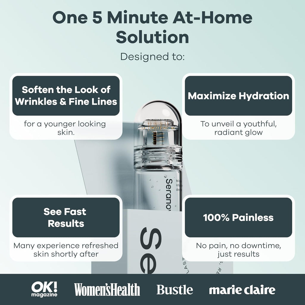 Seranova Micro Infusion System for Face & Neck 0.05mm Stamp with Hyaluronic Acid & Collagen Peptide Serum for Firmer Smoother-Looking Skin, Easy 5-Minute At-Home Skin Care Application - 2 Month Supply