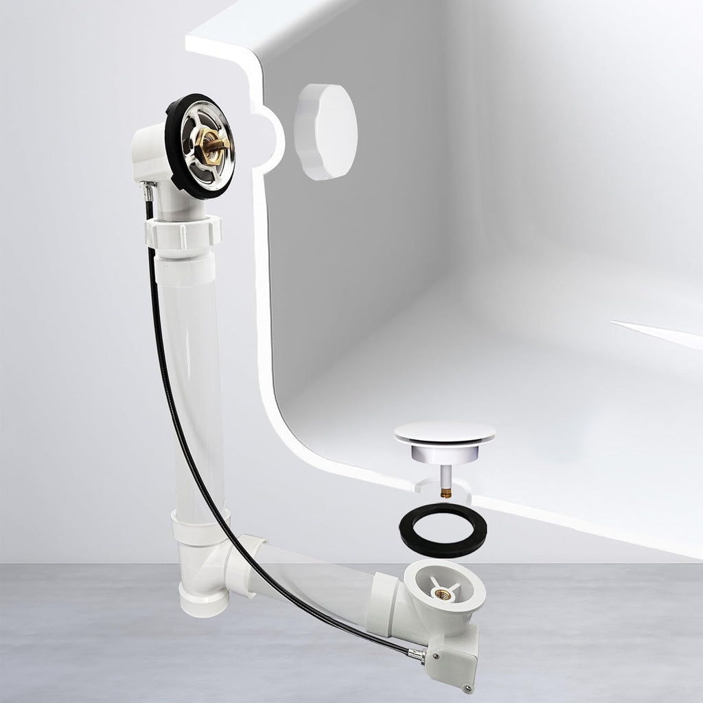Westbrass D50P27BJ-50 27' Cable Drive Standard Bath Drain Trim Kit with Rotary Overflow Cover Knob on a Ball Joint Elbow, Pop-Up Stopper and Sch. 40 PVC Fittings, Powder Coat White