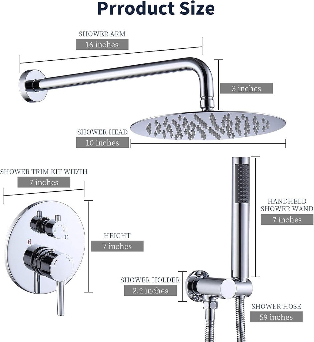 Rainfall Shower System with High Pressure 10 inch Head Hand Held Round Shower Head Bathroom Luxury Rain Mixer Shower Complete Combo Set Wall Mounted (Chrome)