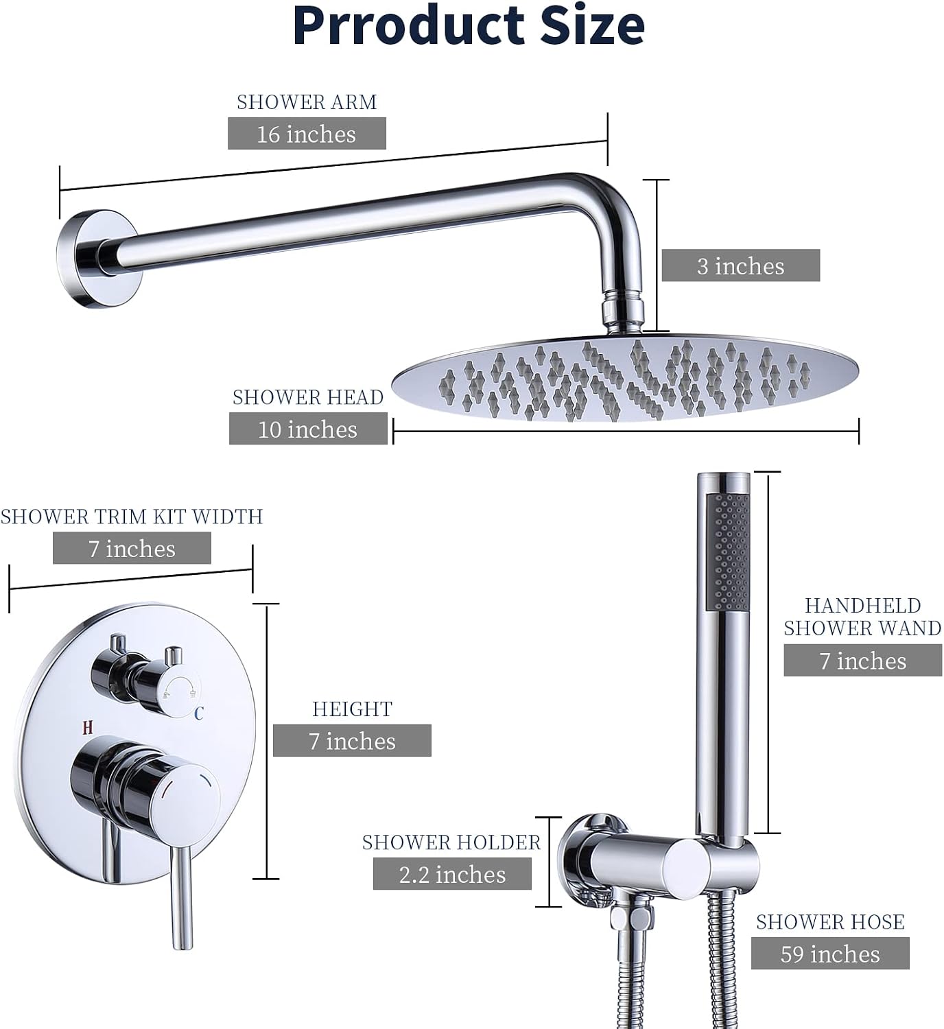 Rainfall Shower System with High Pressure 10 inch Head Hand Held Round Shower Head Bathroom Luxury Rain Mixer Shower Complete Combo Set Wall Mounted (Chrome)