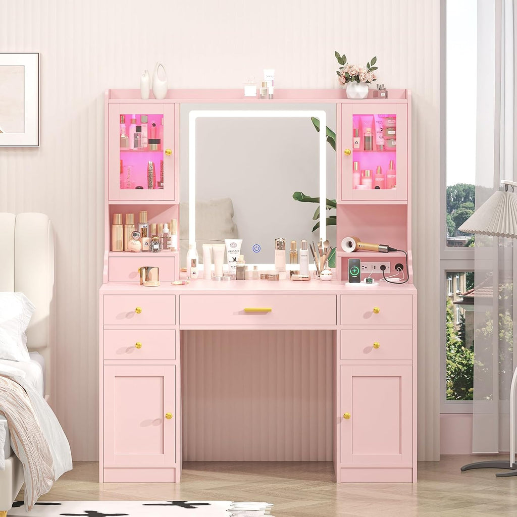 Vanity Desk with Mirror and Lights, Makeup Vanity Table with Power Outlet, Dressing Vanity Table Set with 6 Drawers & 4 Cabinets, 3 Color Modes & Brightness Adjusted, for Bedroom Room, Pink