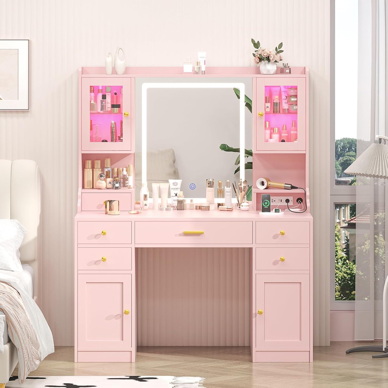 Vanity Desk with Mirror and Lights, Makeup Vanity Table with Power Outlet, Dressing Vanity Table Set with 6 Drawers & 4 Cabinets, 3 Color Modes & Brightness Adjusted, for Bedroom Room, Pink