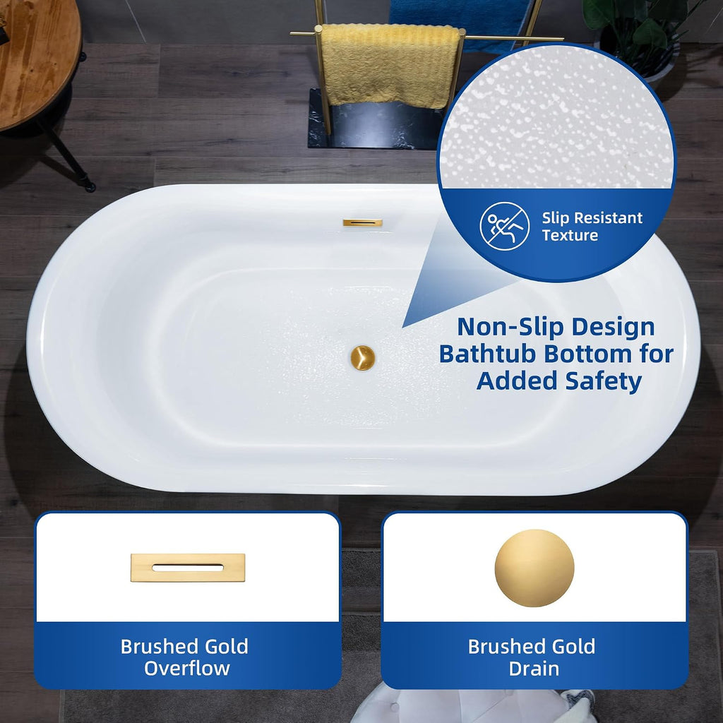 WOODBRIDGE 67' Acrylic Freestanding Bathtub Contemporary Soaking Tub with Brushed Gold Overflow and Drain,White Tub,B0057-BG