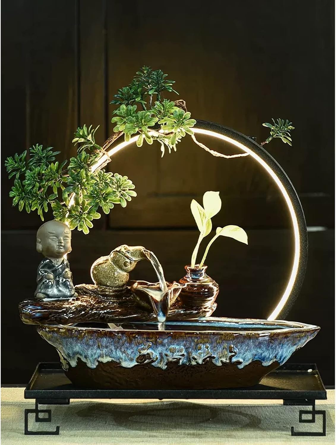 Tabletop Fountain Indoor Relaxation Desktop Fountain Waterfall Ceramic Tabletop Water with Black Metal Base and LED Light Zen Relaxing Feature Interior Spa Yoga Decoration