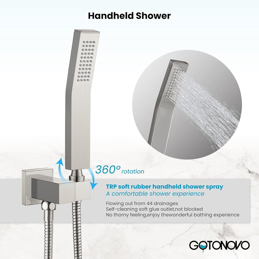 gotonovo 10' Rain Shower System Brushed Nickel Luxury High Pressure Shower Head with Hand Held Spray Rough-in Valve with Widespread Bathroom Faucet 3 Holes Deck Mounted with Pop Up Drain