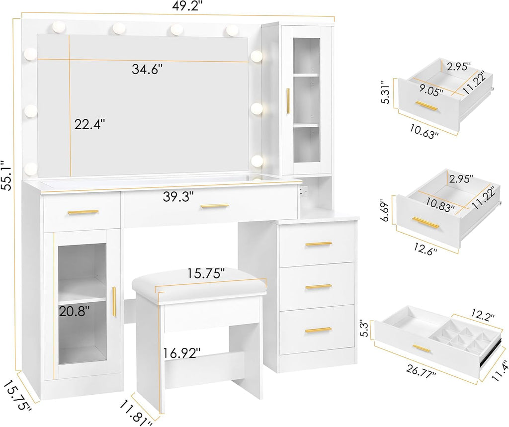 BEWISHOME 49.2' Large Vanity Desk with Mirror and Lights,White Makeup Vanity Table with Glass Top,Stool,Makeup Desk with Power Outlet,5 Drawers,Nightstand,Dressing Table for Bedroom Women FST34W