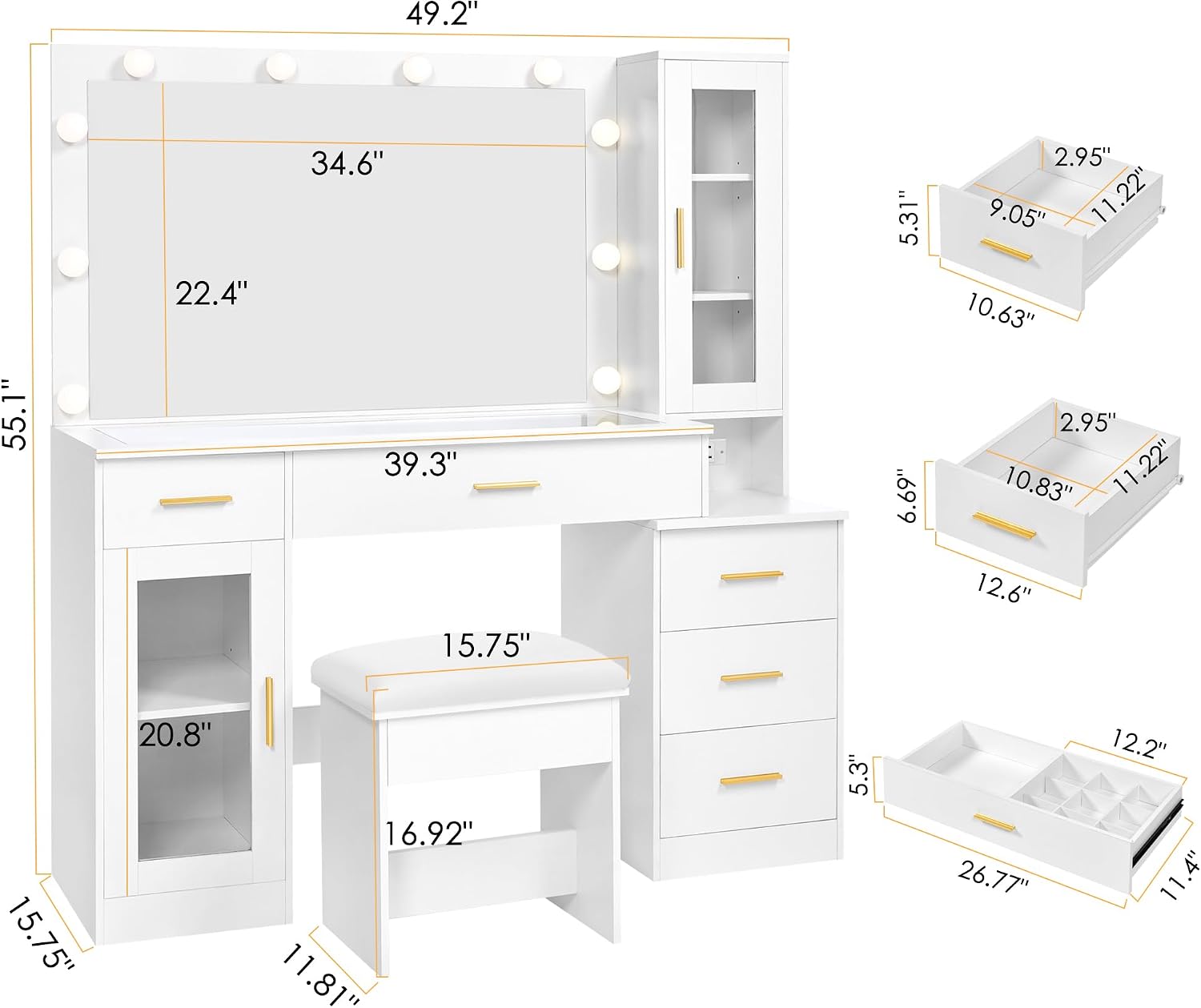BEWISHOME 49.2' Large Vanity Desk with Mirror and Lights,White Makeup Vanity Table with Glass Top,Stool,Makeup Desk with Power Outlet,5 Drawers,Nightstand,Dressing Table for Bedroom Women FST34W