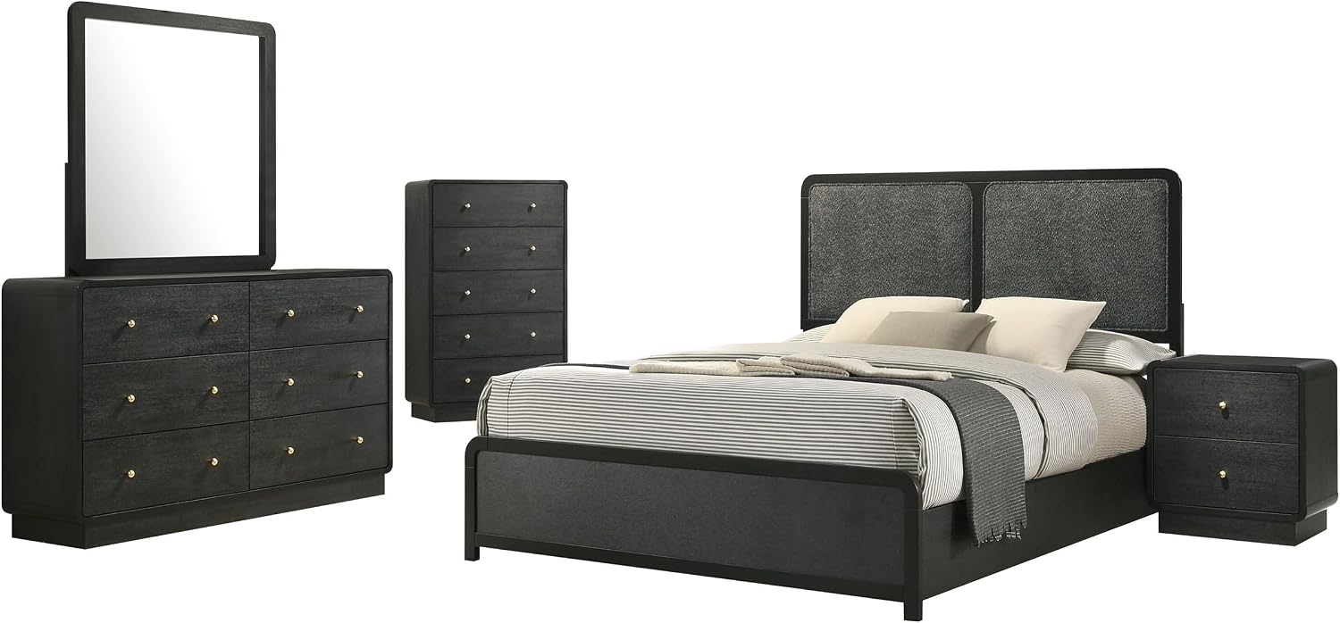 Coaster Home Furnishings - Cavelle - Wood - 5-Piece Bedroom Set with Panel Bed, Metal Knobs, and Upholstered Headboard - Bedroom - Full Size - Black - 223661F-S5