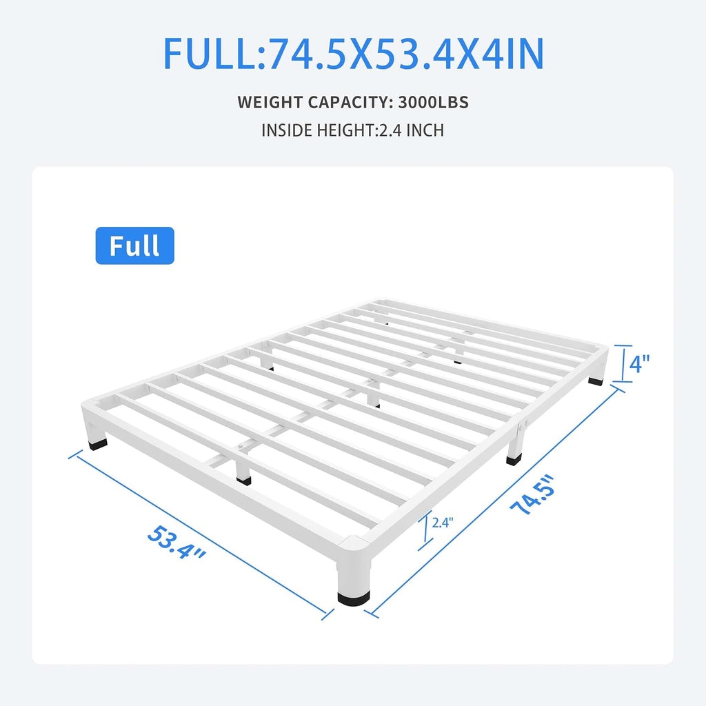 MAF 4 Inch Full Size Metal Platform Bed Frame White with Round Corner Legs, Mattress Slide Stopper, 3000 LBS Heavy Duty Steel Slats Support, Noise Free, No Box Spring Needed, Easy Assembly