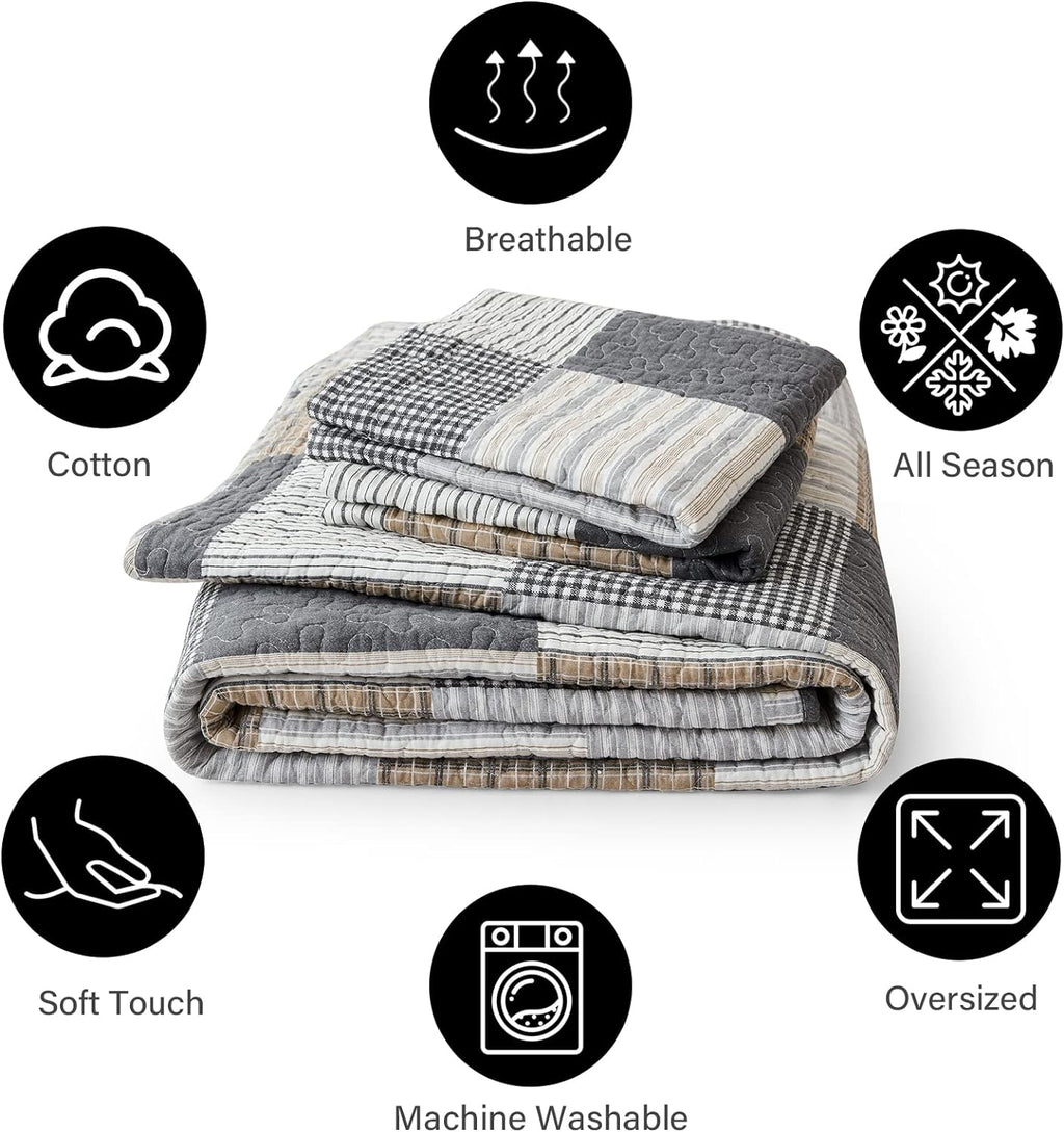 PANGUSHAN 100% Cotton Quilt Set King Size,Patchwork Plaid Bedding Bedspreads,Farmhouse Lightweight Comforter Reversible Quilt,White/Gray/Grey/Tan/Black/Cream Bed Spread King,3 Pieces