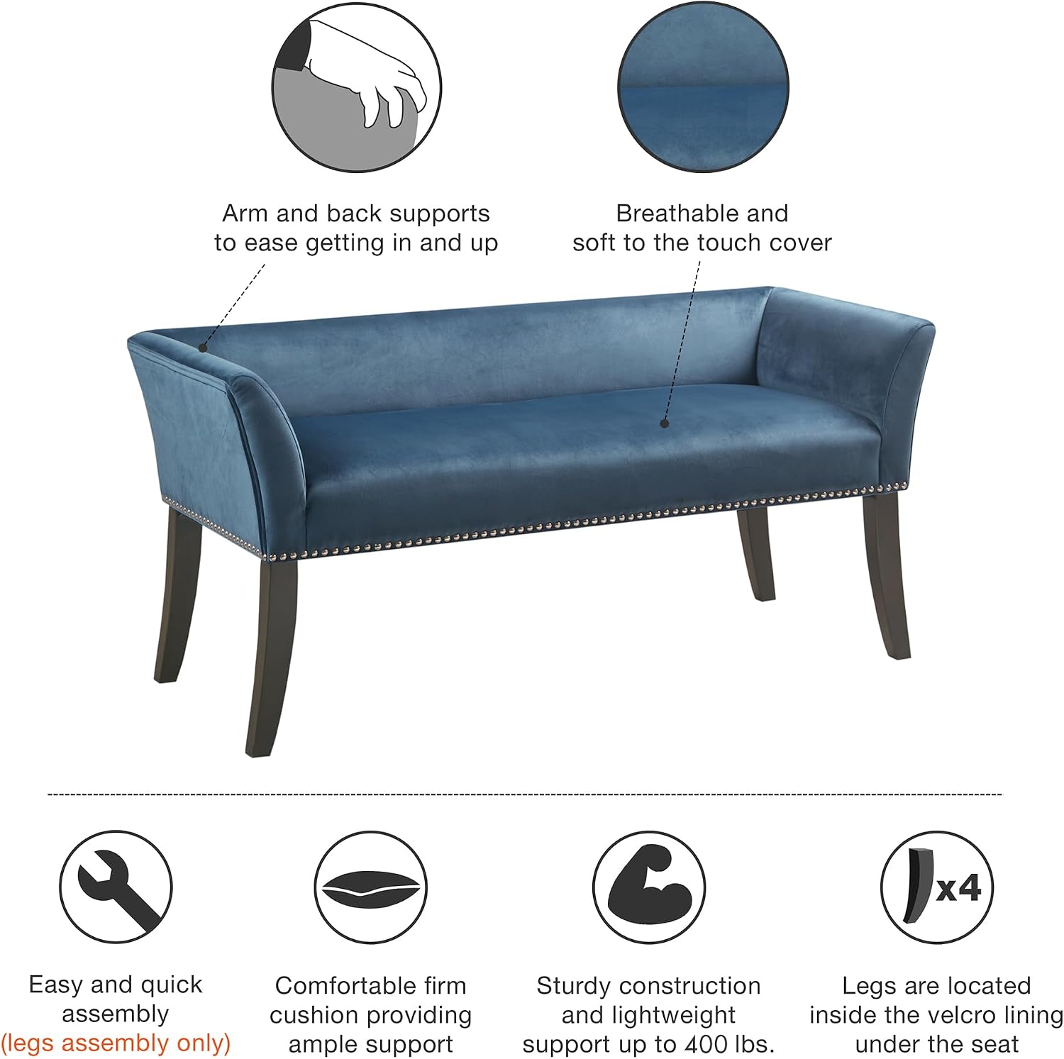 Madison Park Accent Bench, Upholstered with Nailhead Trim, & Padded Seat Entryway Bench Small, End of Bed Bench with Back, 49.5' W x 19.25' D x 23' H, Blue