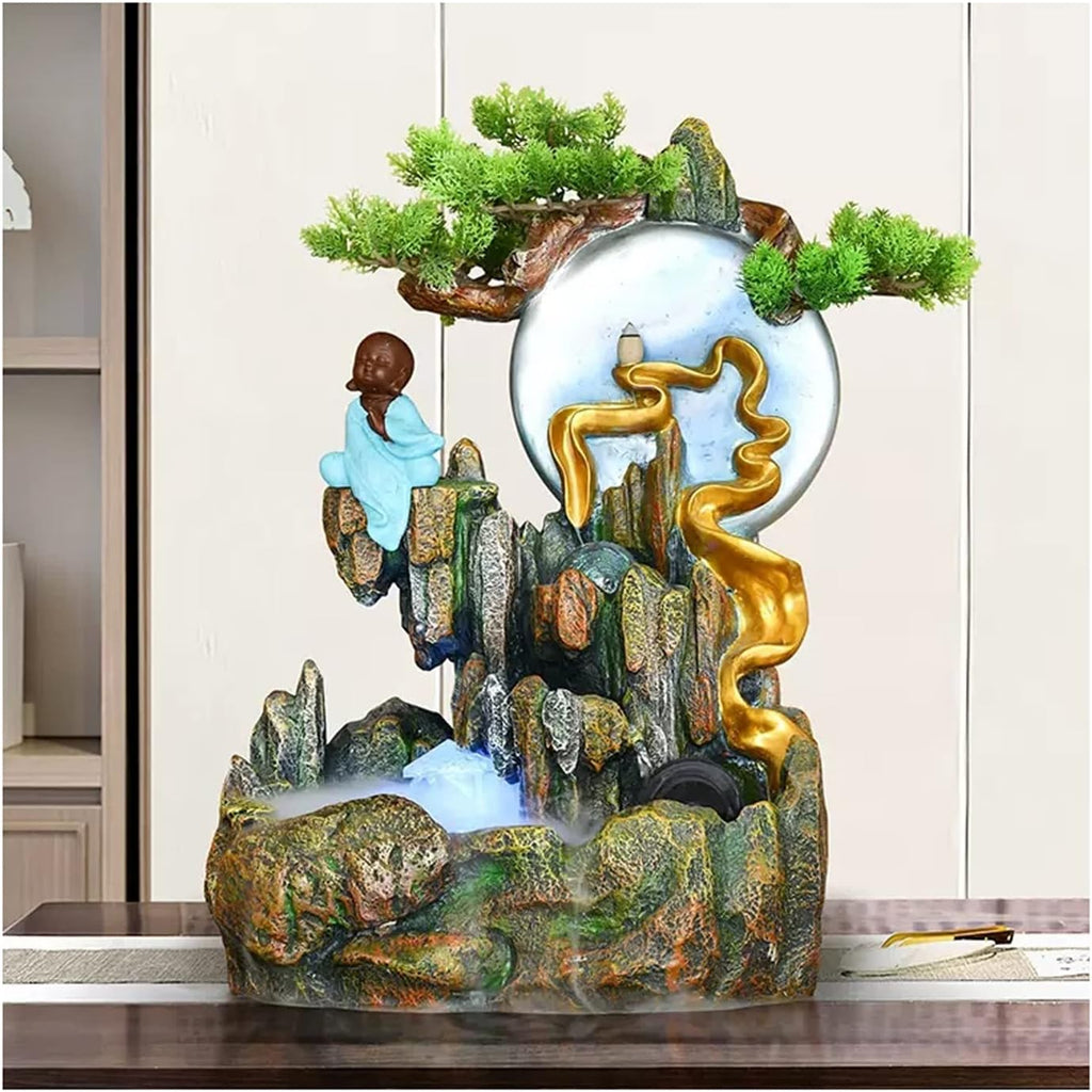 Desktop Fountain Tabletop Water Fountain, Indoor Waterfall with Mist Maker and Resin Artificial Trees, Small Buddha Statues, Moon Sculptures for Home Office Decor