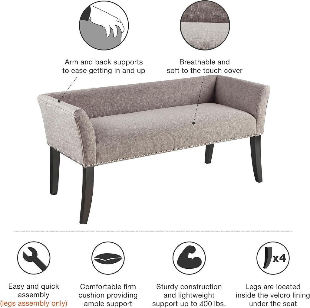 Madison Park Accent Bench, Upholstered with Nailhead Trim, & Padded Seat Entryway Bench Small, End of Bed Bench with Back, 49.5' W x 19.25' D x 23' H, Grey