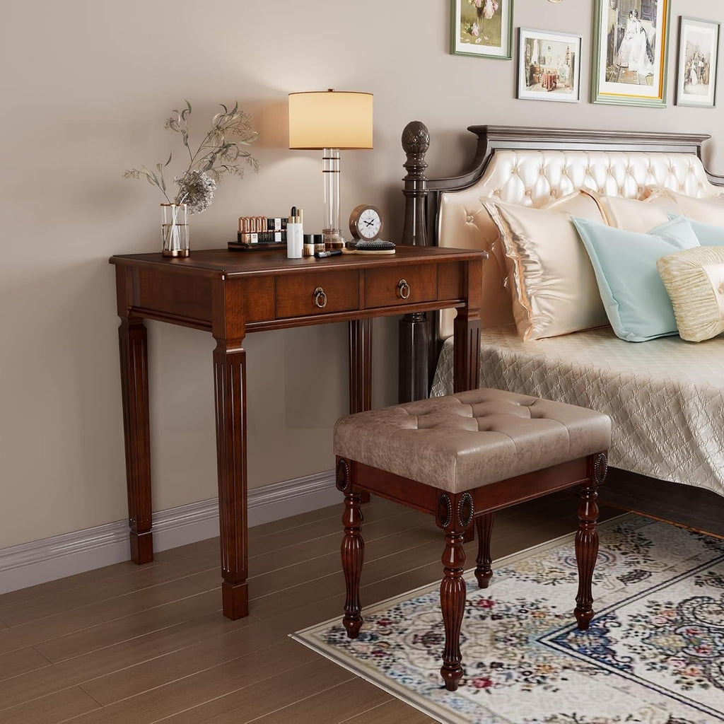 Solid Wood Upholstered Vanity Bench, Small Vintage Ottoman Leather Tufted Foot Stool with Padded Cushion Seat Carved Footrest Rustic Legs for Bedroom Living Room 1533LT(Light Yellow)