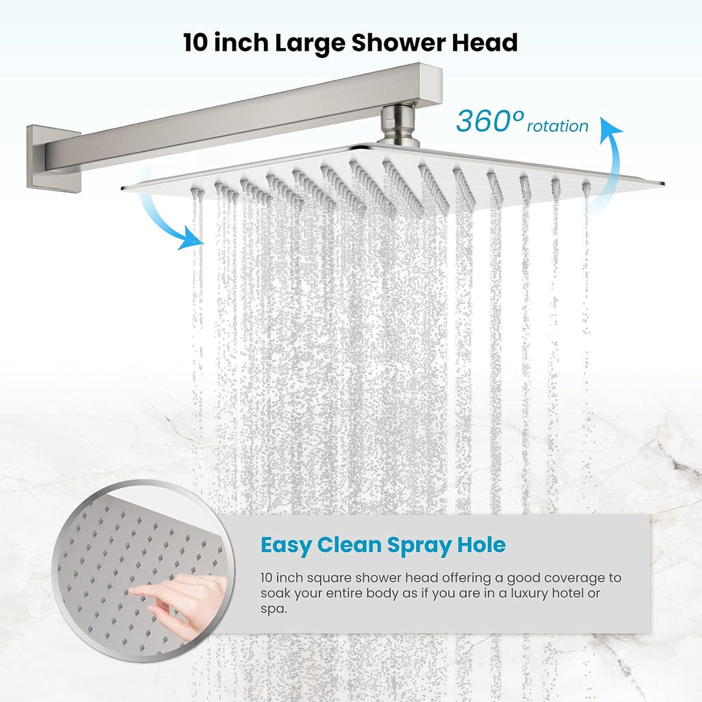 gotonovo 10' Rain Shower System Brushed Nickel Luxury High Pressure Shower Head with Hand Held Spray Rough-in Valve with Widespread Bathroom Faucet 3 Holes Deck Mounted with Pop Up Drain