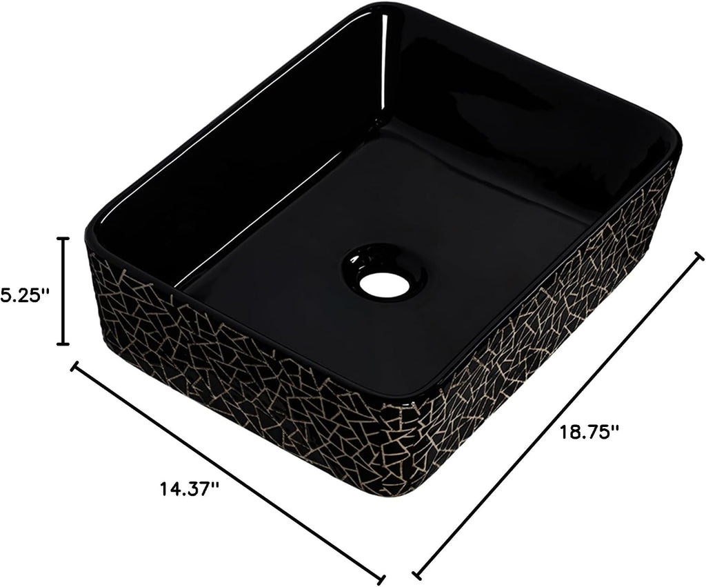 Strictly Sinks 18 Inch Rectangular Black Vessel Sink - Ceramic Countertop Bathroom Sink – Easy to Install Above Counter Luxurious Bathroom Vessel Sink (18-3/4″ W x 14-3/8″ L x 5-1/4″ H)