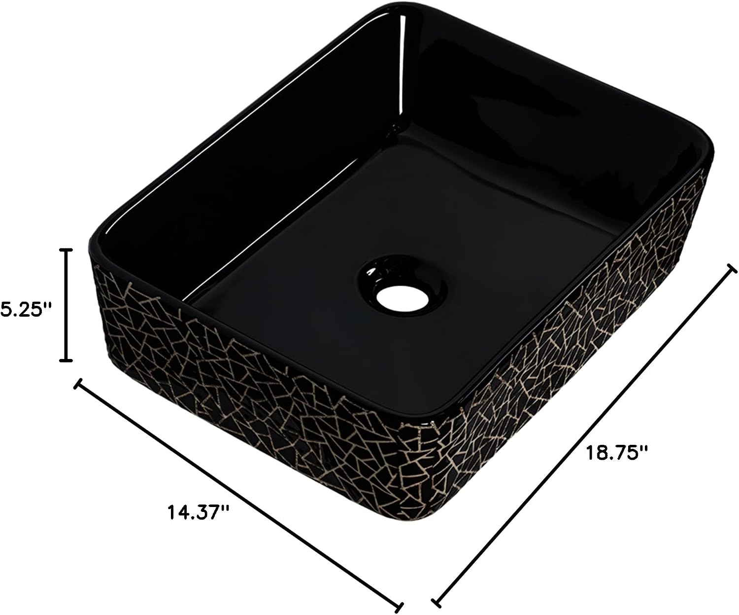 Strictly Sinks 18 Inch Rectangular Black Vessel Sink - Ceramic Countertop Bathroom Sink – Easy to Install Above Counter Luxurious Bathroom Vessel Sink (18-3/4″ W x 14-3/8″ L x 5-1/4″ H)