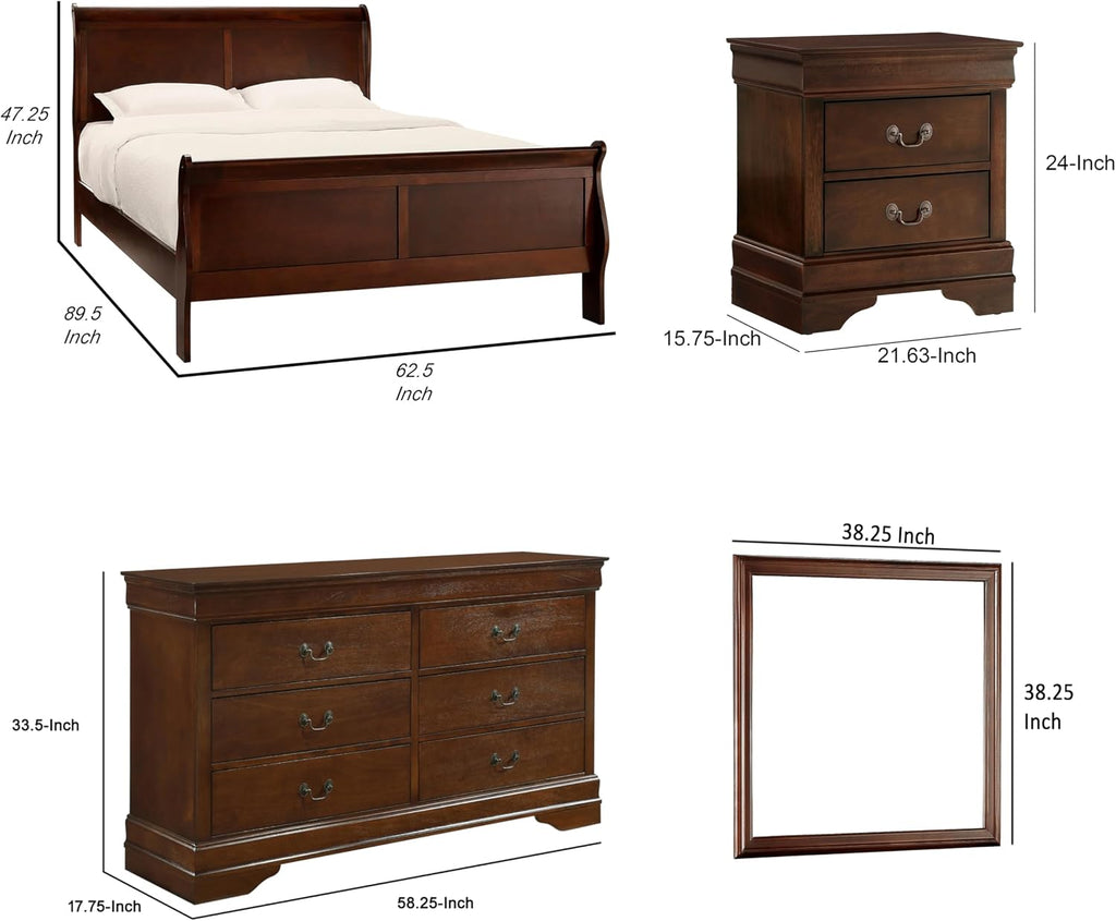 Benzara Fy Four Piece Queen Size Bedroom Set- Antique Brass Metal Handles- Cherry Brown