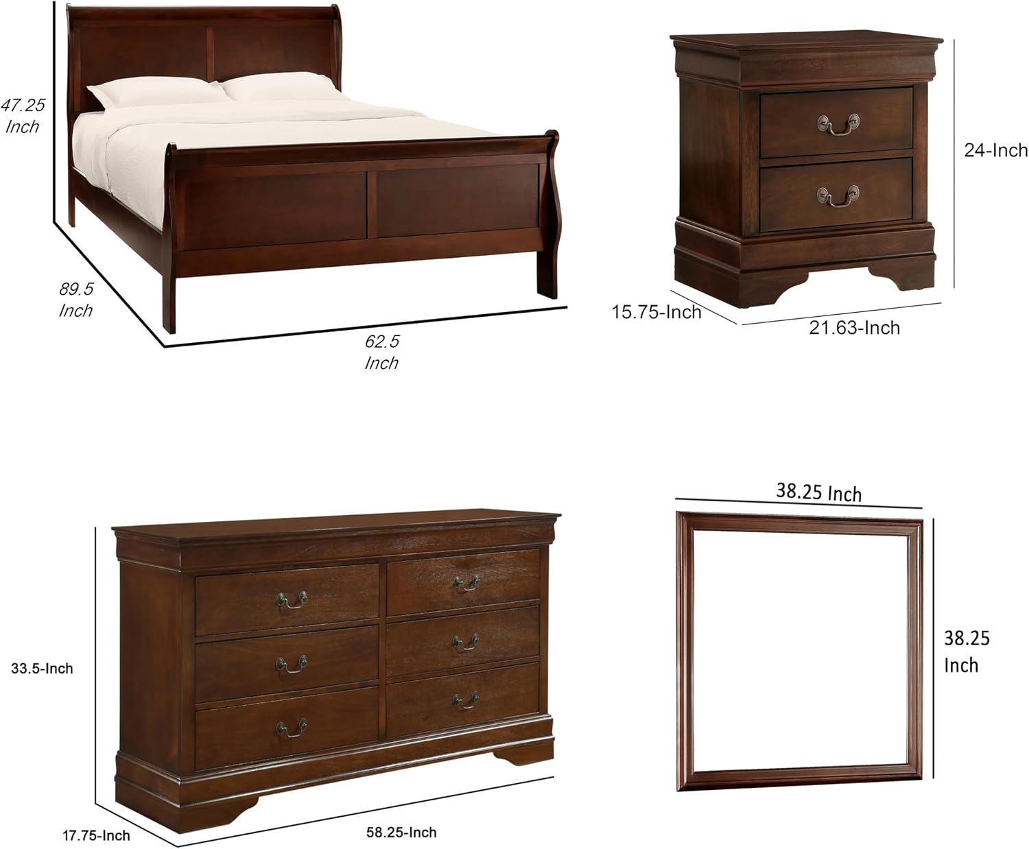 Benzara Fy Four Piece Queen Size Bedroom Set- Antique Brass Metal Handles- Cherry Brown