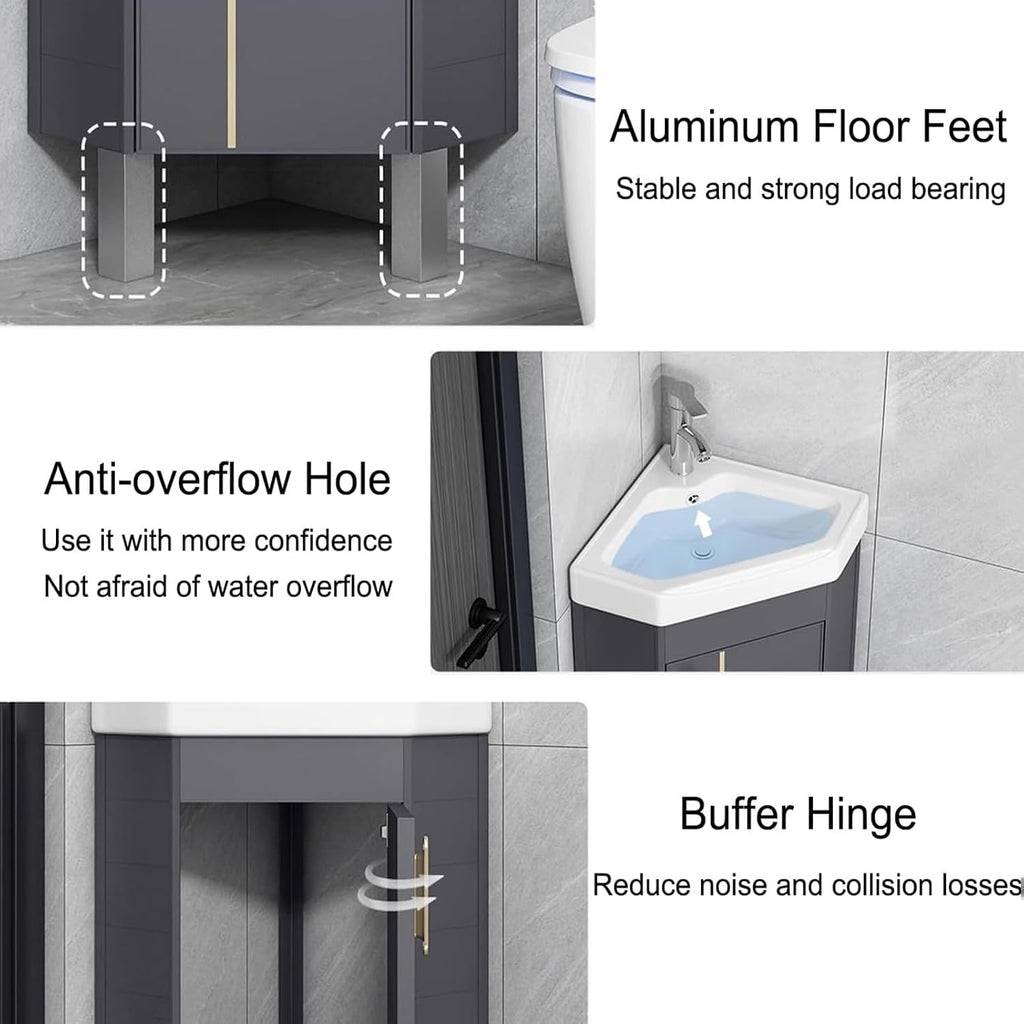 Corner Bathroom Vanity with Sink - Floor Standing, Wall Mount, Ceramic, Storage Container