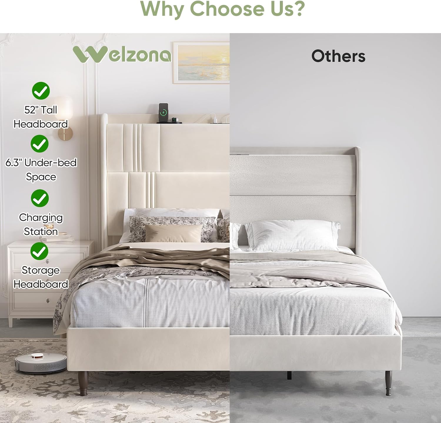 Queen Size Bed Frame with Tall Headboard, 52' Upholstered Platform Bed with Charging Station, Luxury Velvet Bedframe, Curved Wingback Headboard, No Box Spring Needed, Easy Assembly, Sturdy, Beige