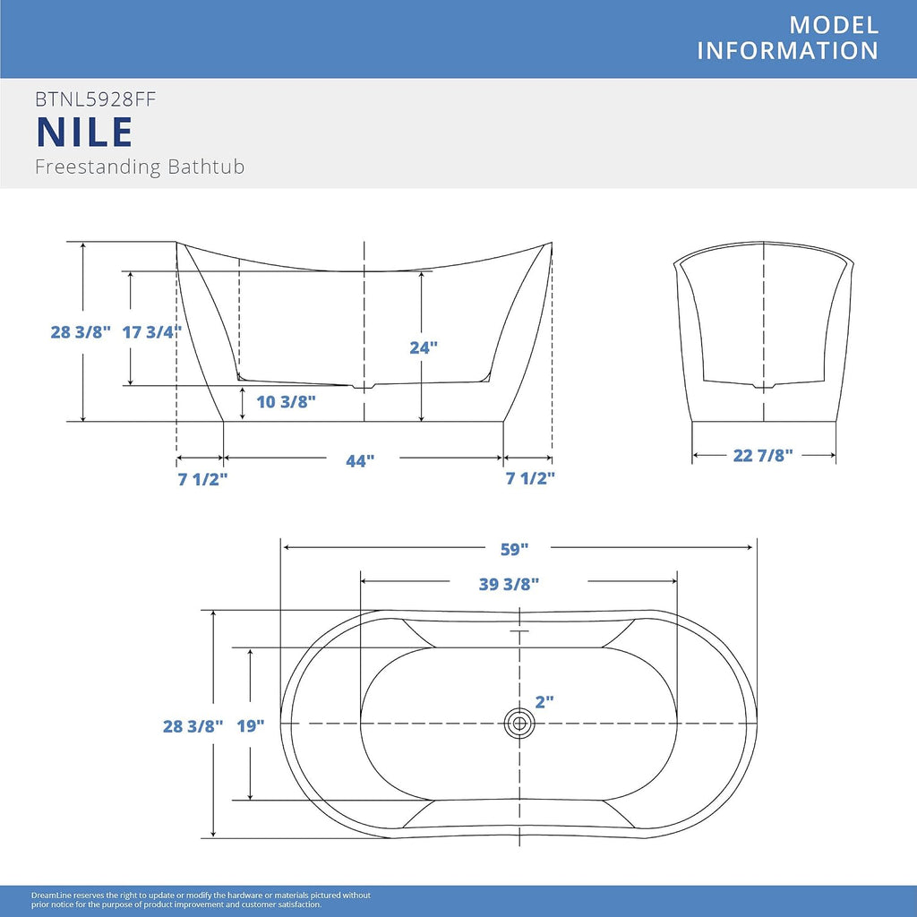 DreamLine Nile 59 inch L x 28 inch H Acrylic Freestanding Bathtub with White Finish