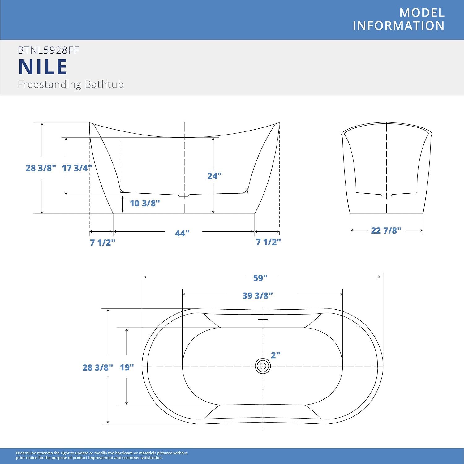 DreamLine Nile 59 inch L x 28 inch H Acrylic Freestanding Bathtub with White Finish