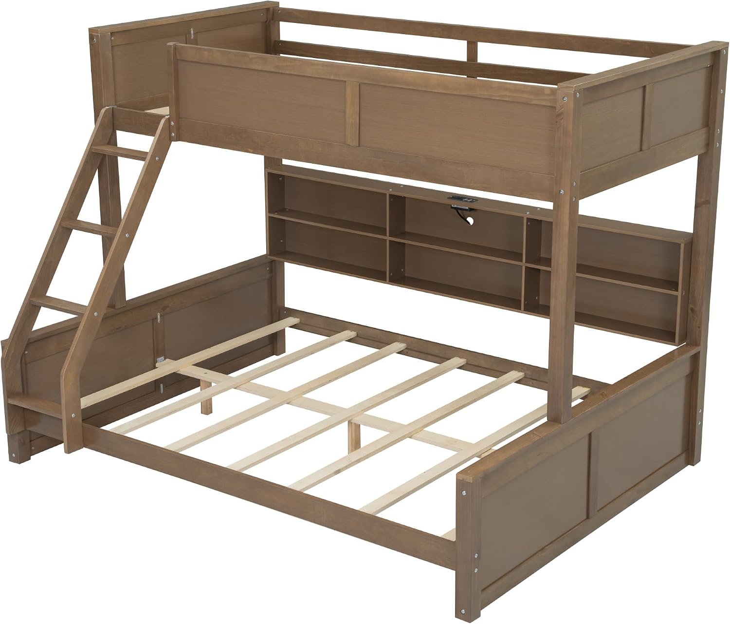 Full XL Over Queen Bunk Bed with Storage Cabinets and USB Ports, Solid Pine Wood Frame, Safety Guard Rails, No Box Spring Needed (Wood2, Full XL Over Queen)