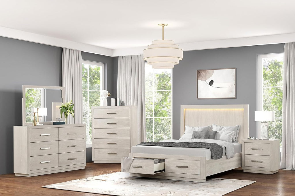 MASARA 3-Piece Transitional Bedroom Set, Light Gray Oak Veneer, Queen or King Size with 2 Nightstands, Engineered Wood Construction (King)