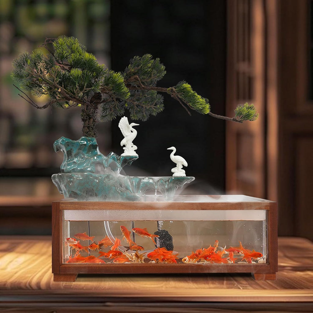 Tabletop Water Fountains, H13.4in Indoor Waterfall Clear Fish Tank, Backflow Incense Holder Feng Shui Decor for Meditation Living Room, Fish Tank Size W18.9*D9.8*H6.7in