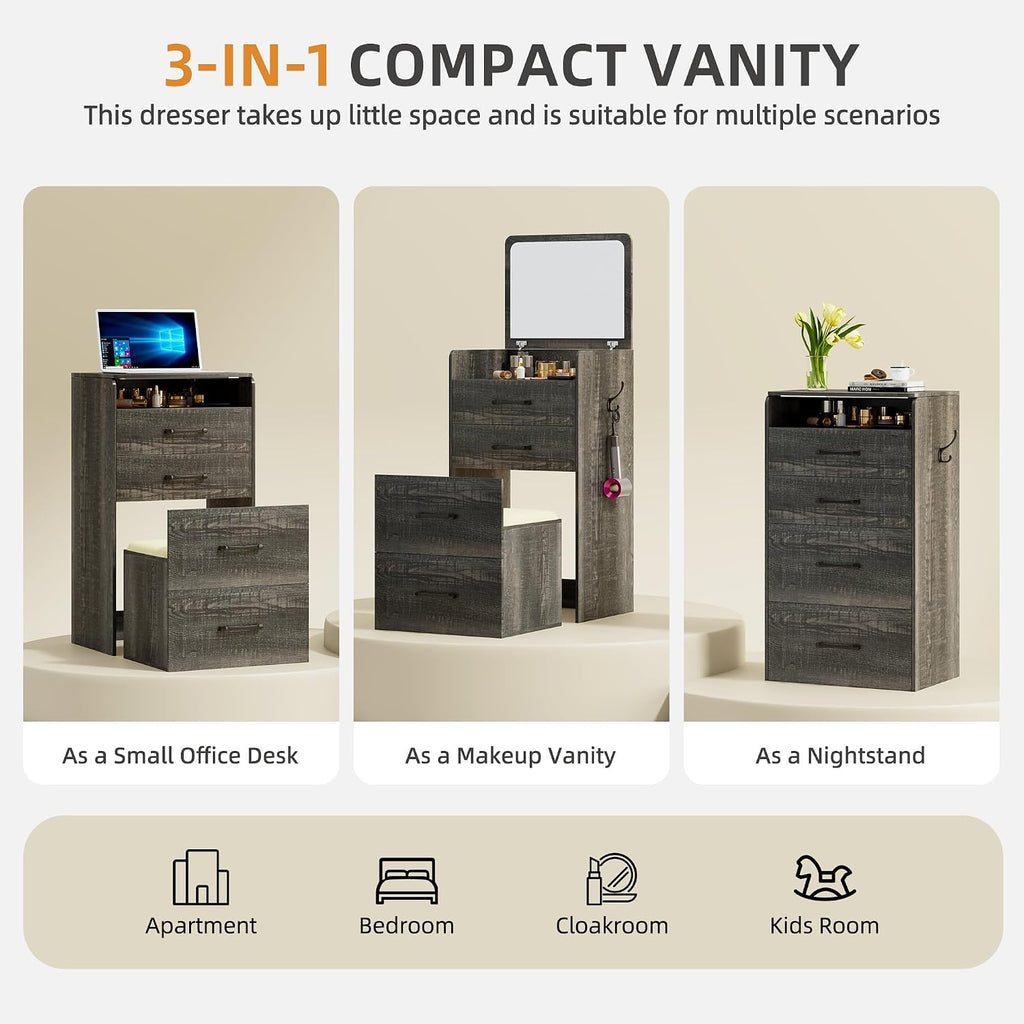 Gurexl 3 in 1 Vanity Desk with Flip Top Mirror,Small Make Up Vanity Set with Visible Glass Desktop,Compact Makeup Vanity with 3 Drawers,Cushioned Stool,Dressing Table for Bedroom,Dark Oak