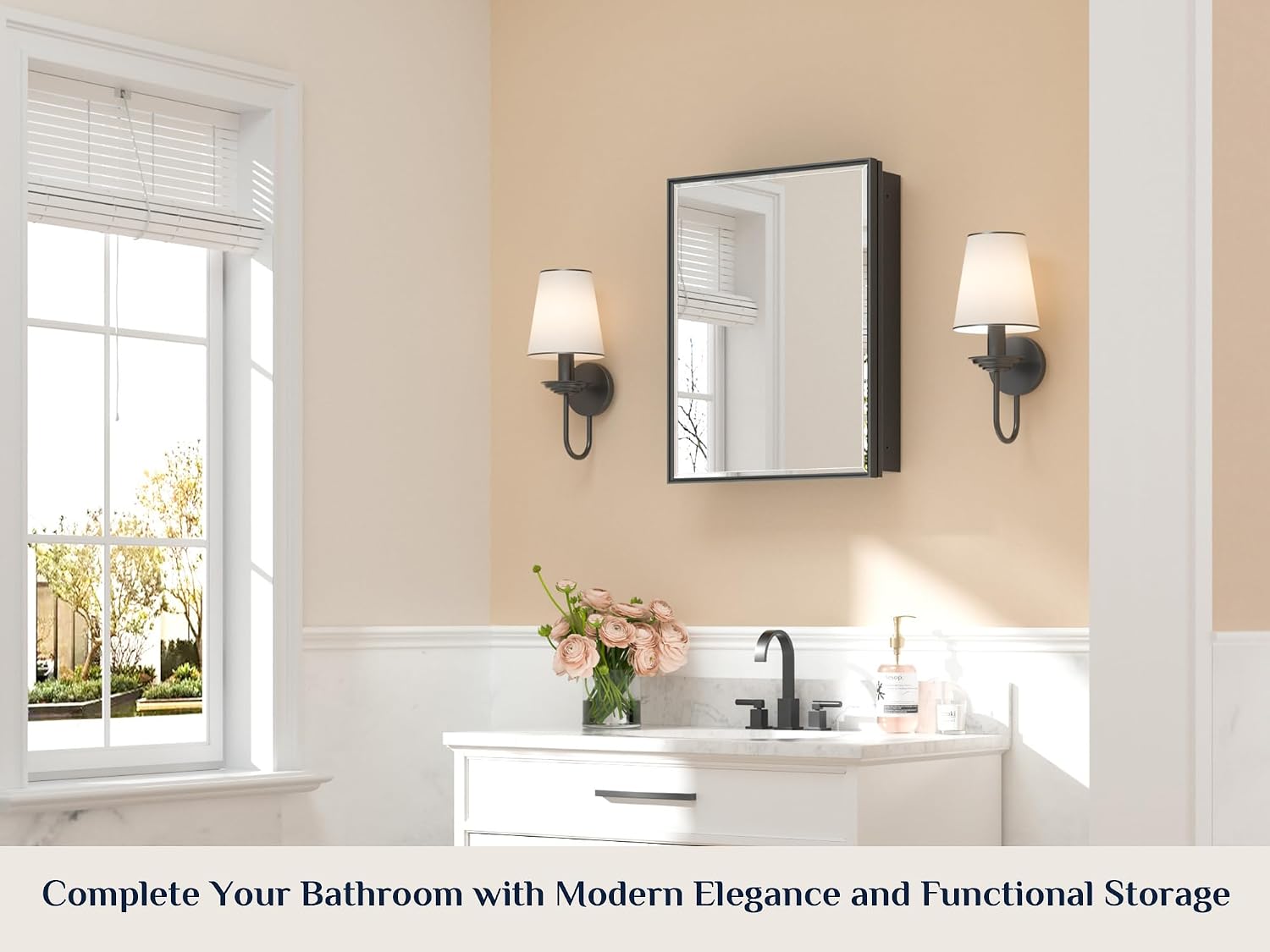 Keonjinn 20' x 26' Black Medicine Cabinet for Bathroom, Fully Assembled, Recessed or Surface Wall-Mounted, Aluminum Framed Beveled Mirror with Storage, Mirrored Cabinets with 2 Adjustable Shelves