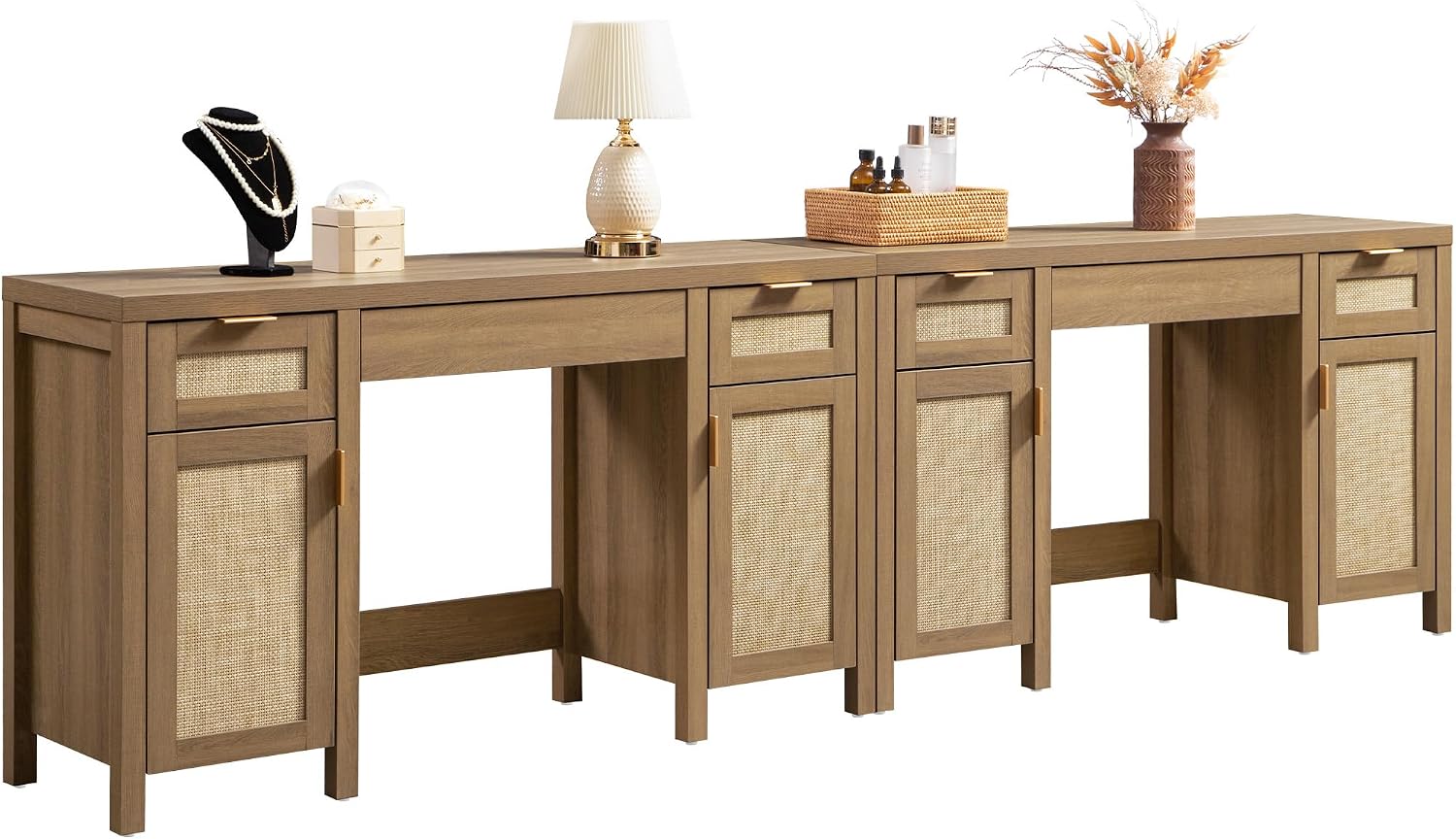 SICOTAS 2 Pieces Rattan Vanity Home Office Desk - Big Boho Makeup Vanities Benches with Drawers & Storage Cabinets, Dressing Vanity Table for Makeup Room, Bedroom, Home Office, Oak