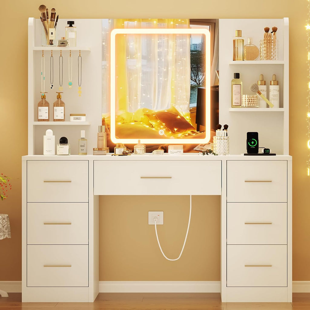 Quimoo Large Vanity Desk with LED Lighted Mirror & Power Outlet, Makeup Vanity Table with 7 Drawers,4 Shelves and 5 Hooks, White Vanity for Bedroom, Bathroom