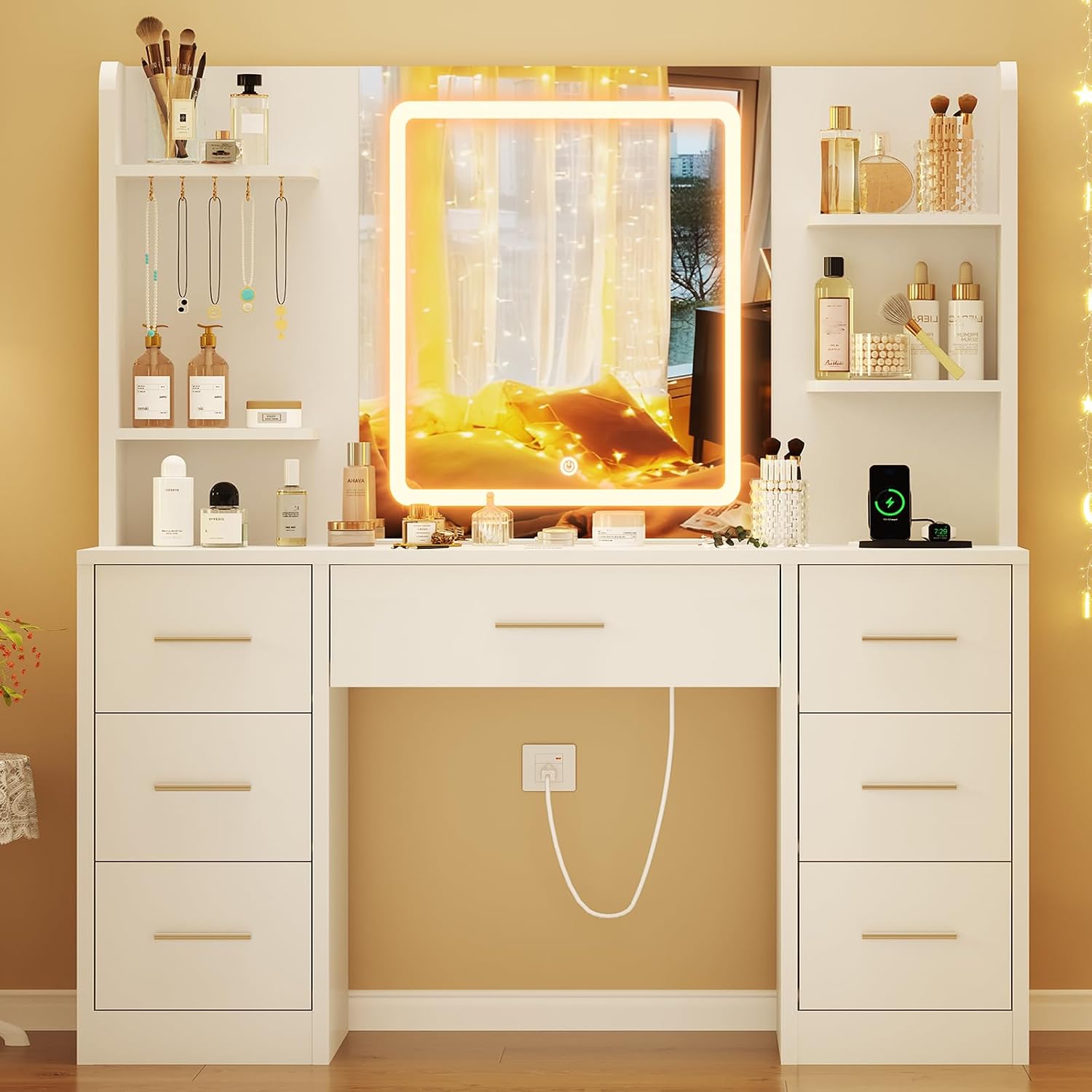 Quimoo Large Vanity Desk with LED Lighted Mirror & Power Outlet, Makeup Vanity Table with 7 Drawers,4 Shelves and 5 Hooks, White Vanity for Bedroom, Bathroom