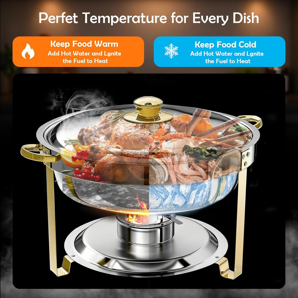 ALSO GO Round Chafing Dishes for Buffet with 4 Serving Tongs, 4 Pack 6QT Chafing Dishes Buffet Set, Golden Stainless Steel Catering Food Warmer for for Party, Gathering, Banquet, Wedding