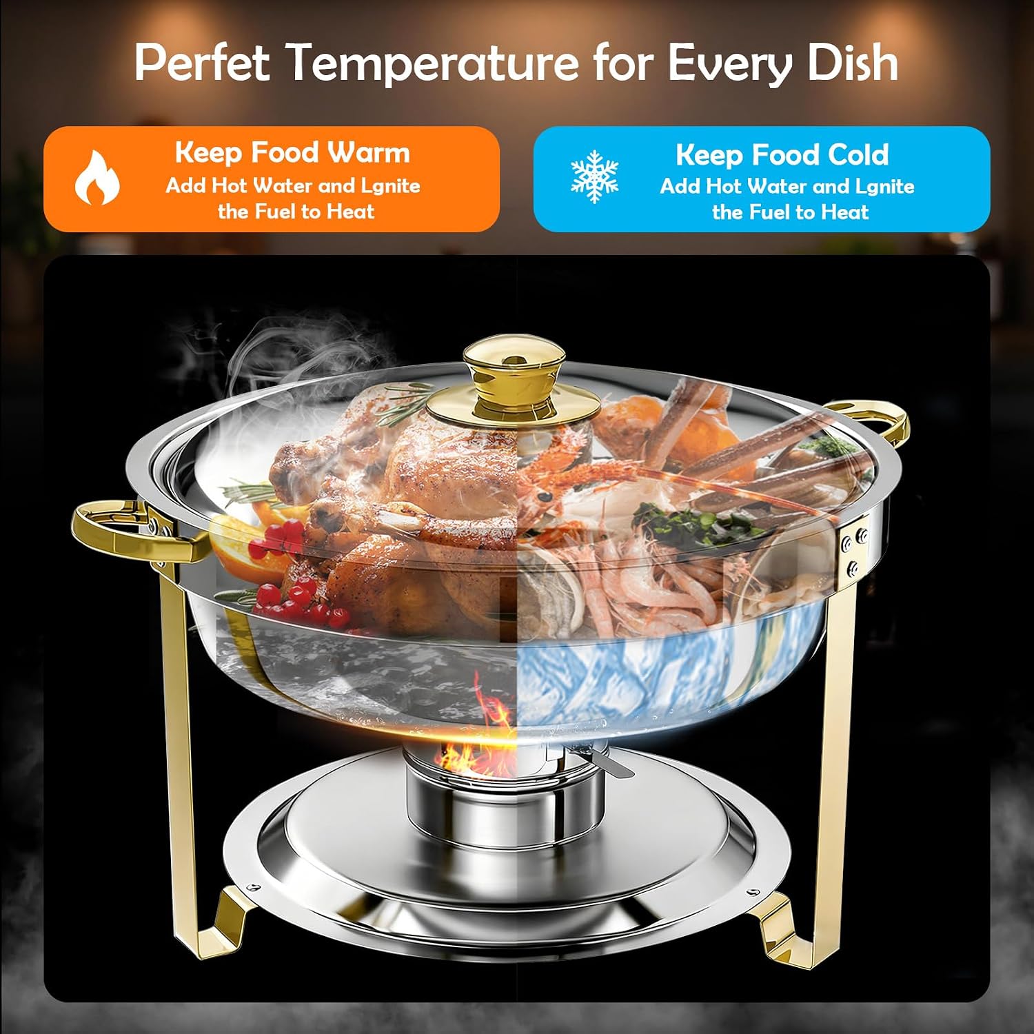 ALSO GO Round Chafing Dishes for Buffet with 4 Serving Tongs, 4 Pack 6QT Chafing Dishes Buffet Set, Golden Stainless Steel Catering Food Warmer for for Party, Gathering, Banquet, Wedding