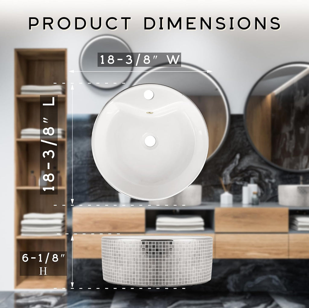 Strictly Sinks 18 Inch Round Silver Vessel Sink - Modern Ceramic Countertop Bathroom Sink with Faucet Mount and Overflow – Easy to Install Above Counter Luxurious Bathroom Vessel Sink
